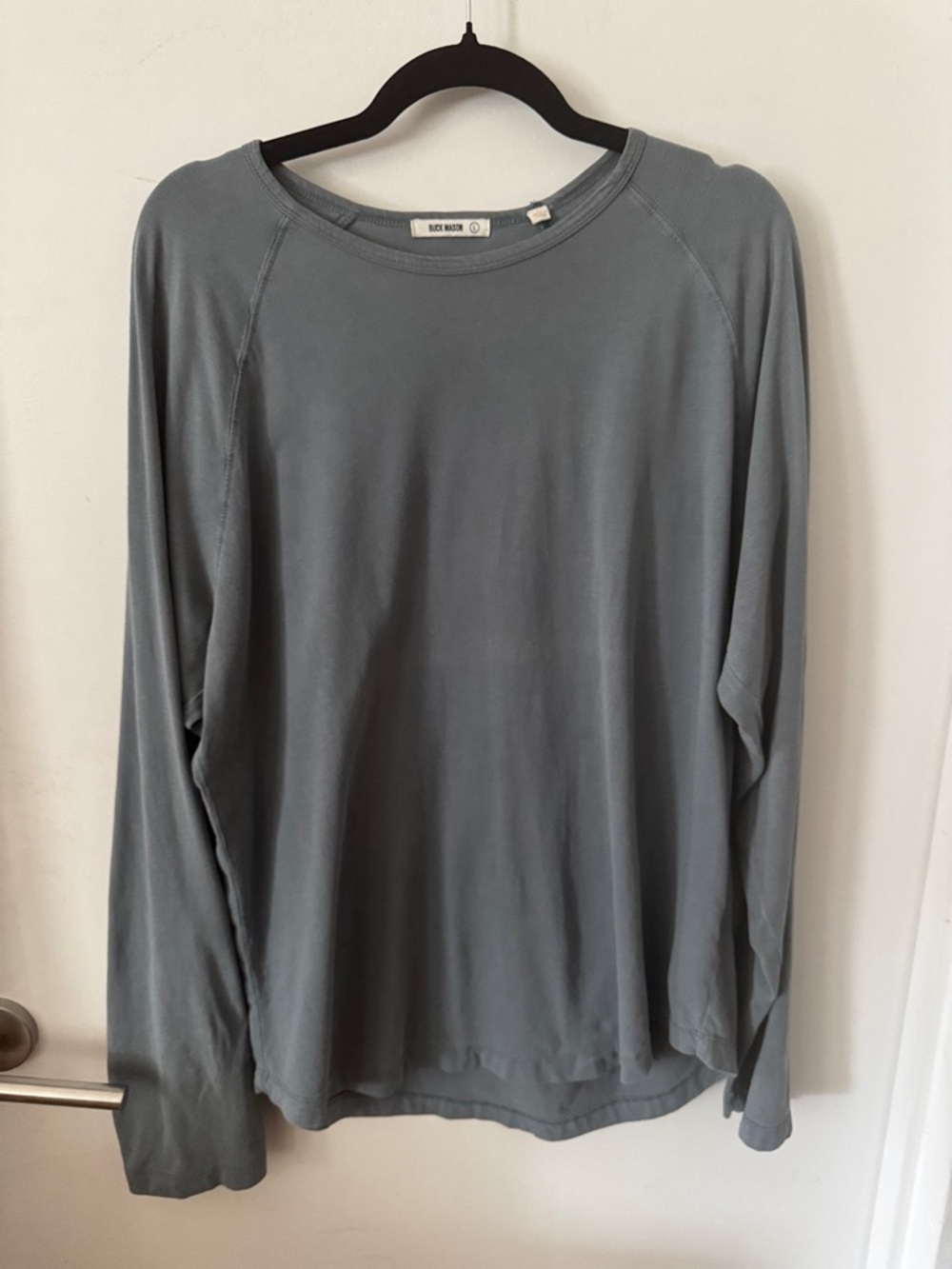 Buck Mason Curved Hem Long Sleeve Crewneck Shirt Washed Blue